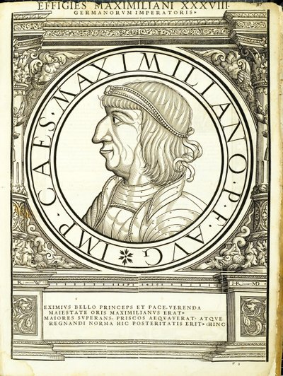 Maximilianus, Illustration aus Imperatorum romanorum omnium orientalium et occidentalium verissimae imagines ex antiquis numismatis, Holzschnitt von Rudolph Wyssenbach, gedruckt von Andreas Gesner, Zürich von Hans Rudolf Manuel Deutsch